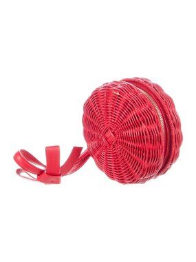 Paule Ka Red Wicker Wristlet With Leather Bow Accent & Zip Closure